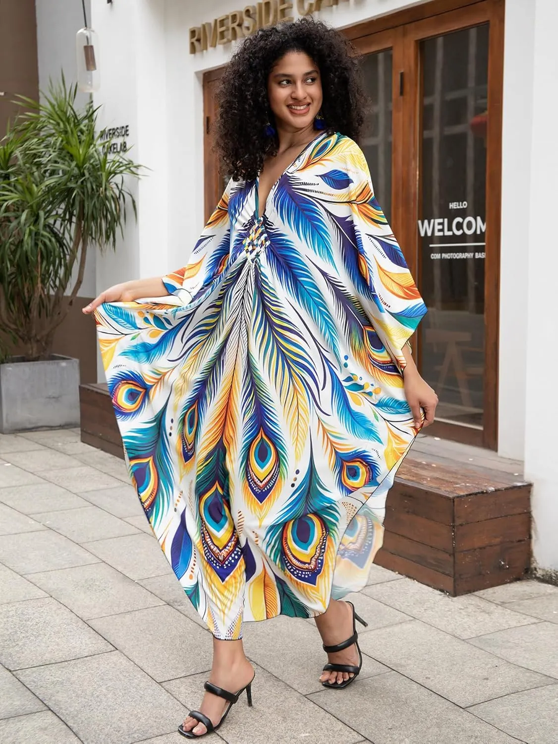 Caftan Dresses Bohemian Beachwear Kimono Bathing Suit Coverup Loose Fit Floral Print Holiday