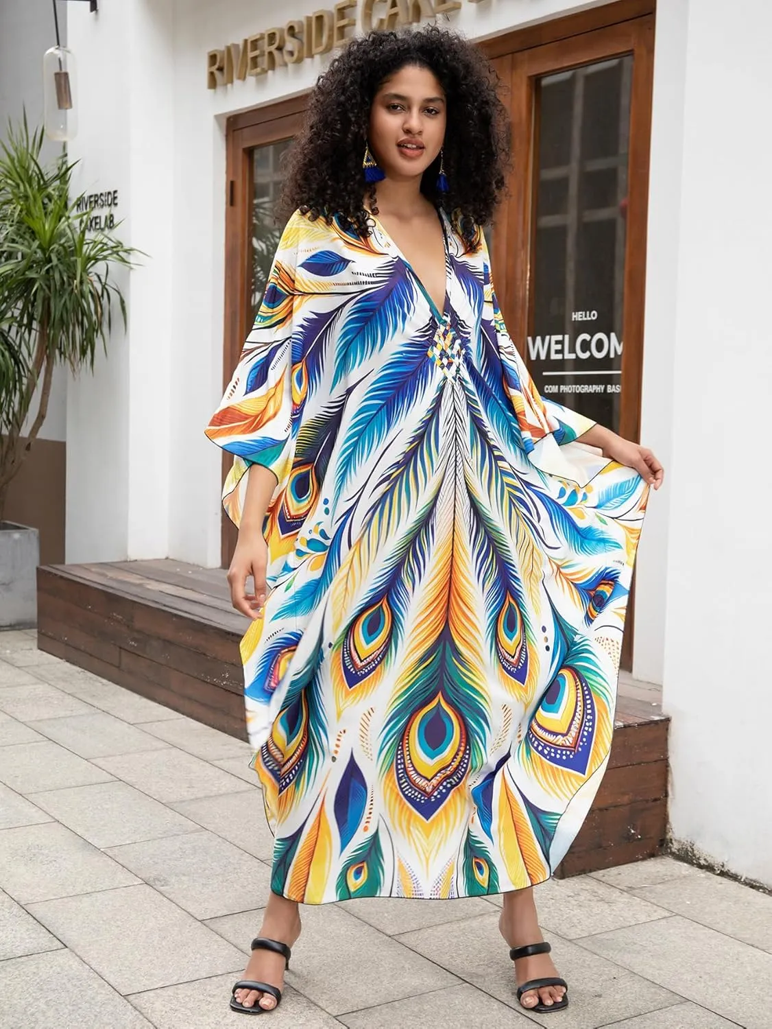 Caftan Dresses Bohemian Beachwear Kimono Bathing Suit Coverup Loose Fit Floral Print Holiday