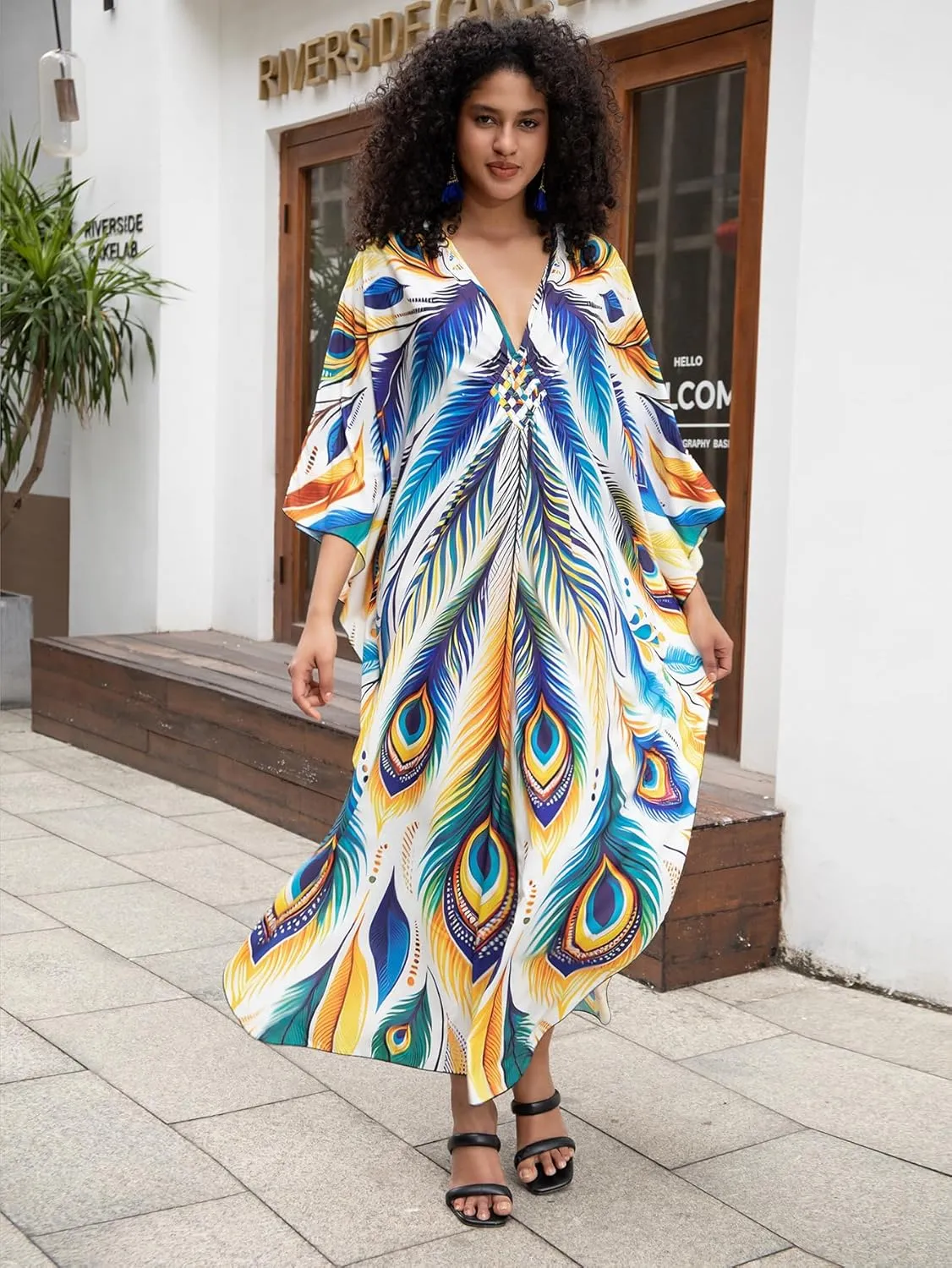 Caftan Dresses Bohemian Beachwear Kimono Bathing Suit Coverup Loose Fit Floral Print Holiday