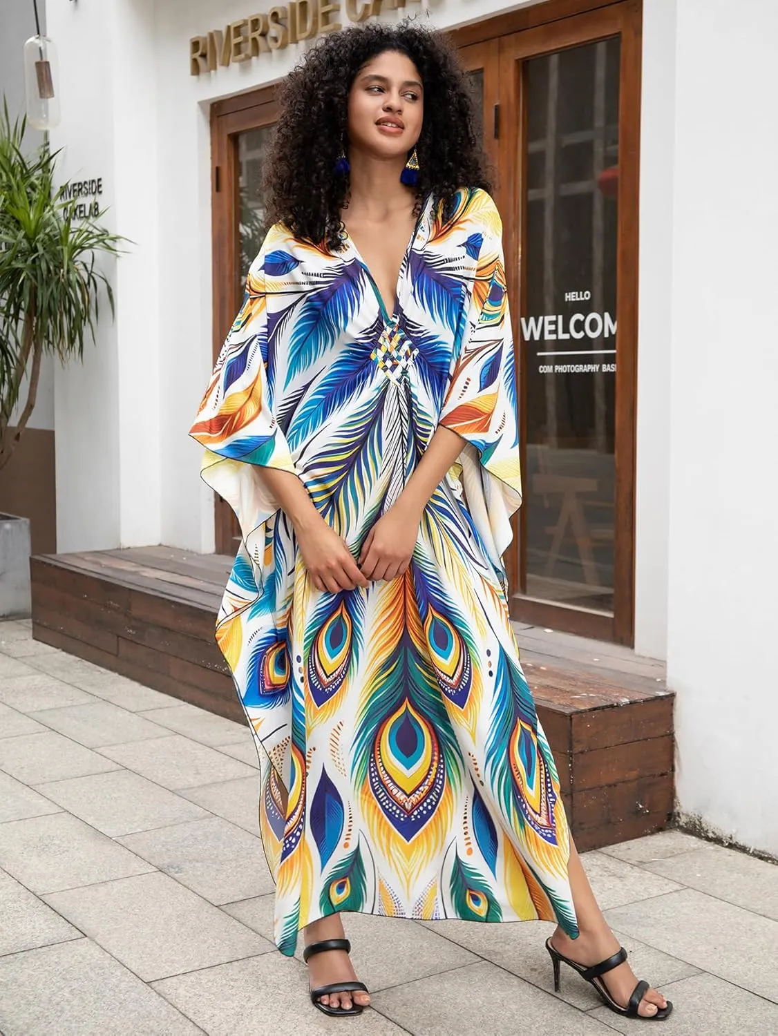 Caftan Dresses Bohemian Beachwear Kimono Bathing Suit Coverup Loose Fit Floral Print Holiday