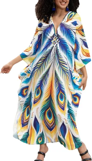 Caftan Dresses Bohemian Beachwear Kimono Bathing Suit Coverup Loose Fit Floral Print Holiday