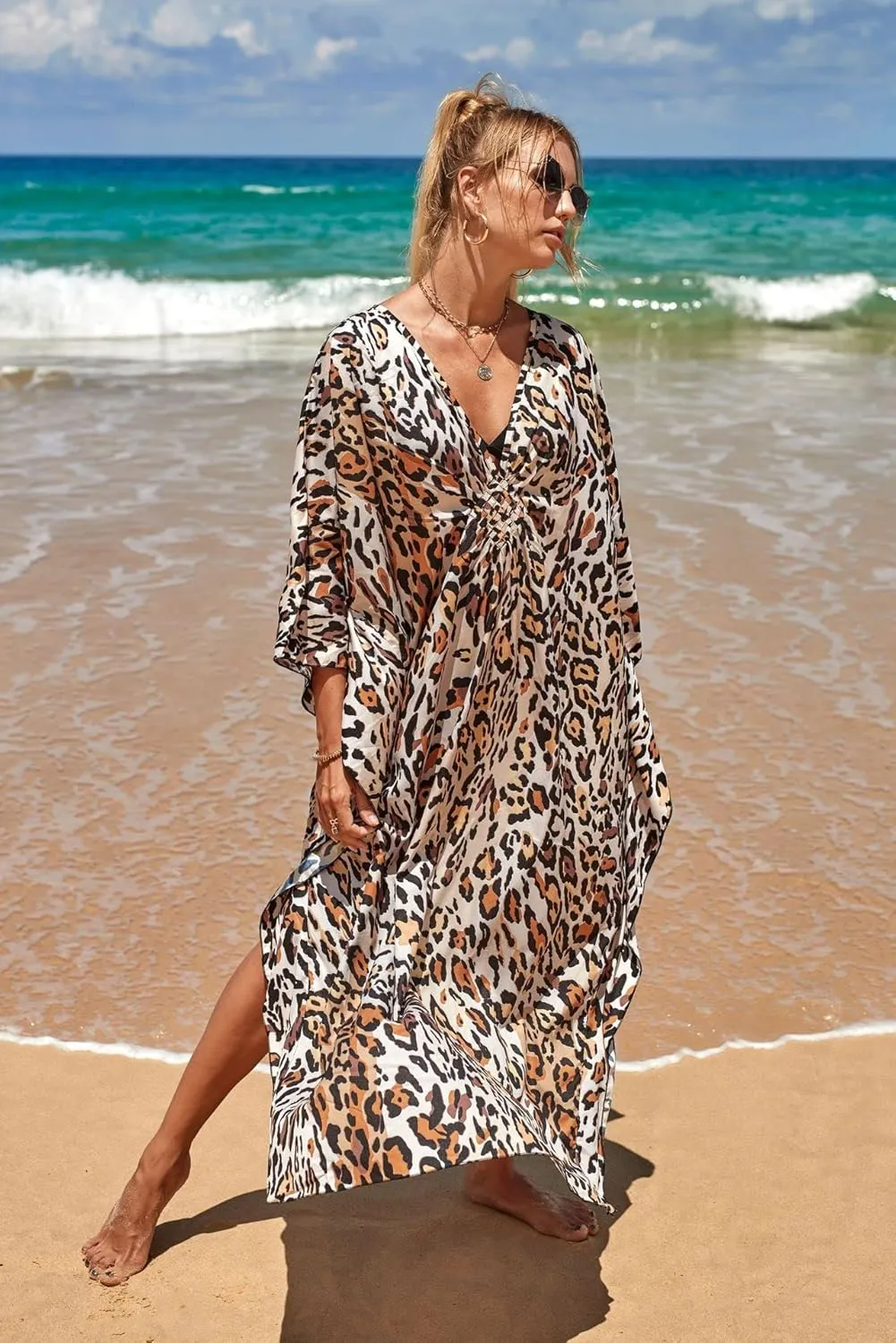 Caftan Dresses Bohemian Beachwear Kimono Bathing Suit Coverup Loose Fit Floral Print Holiday