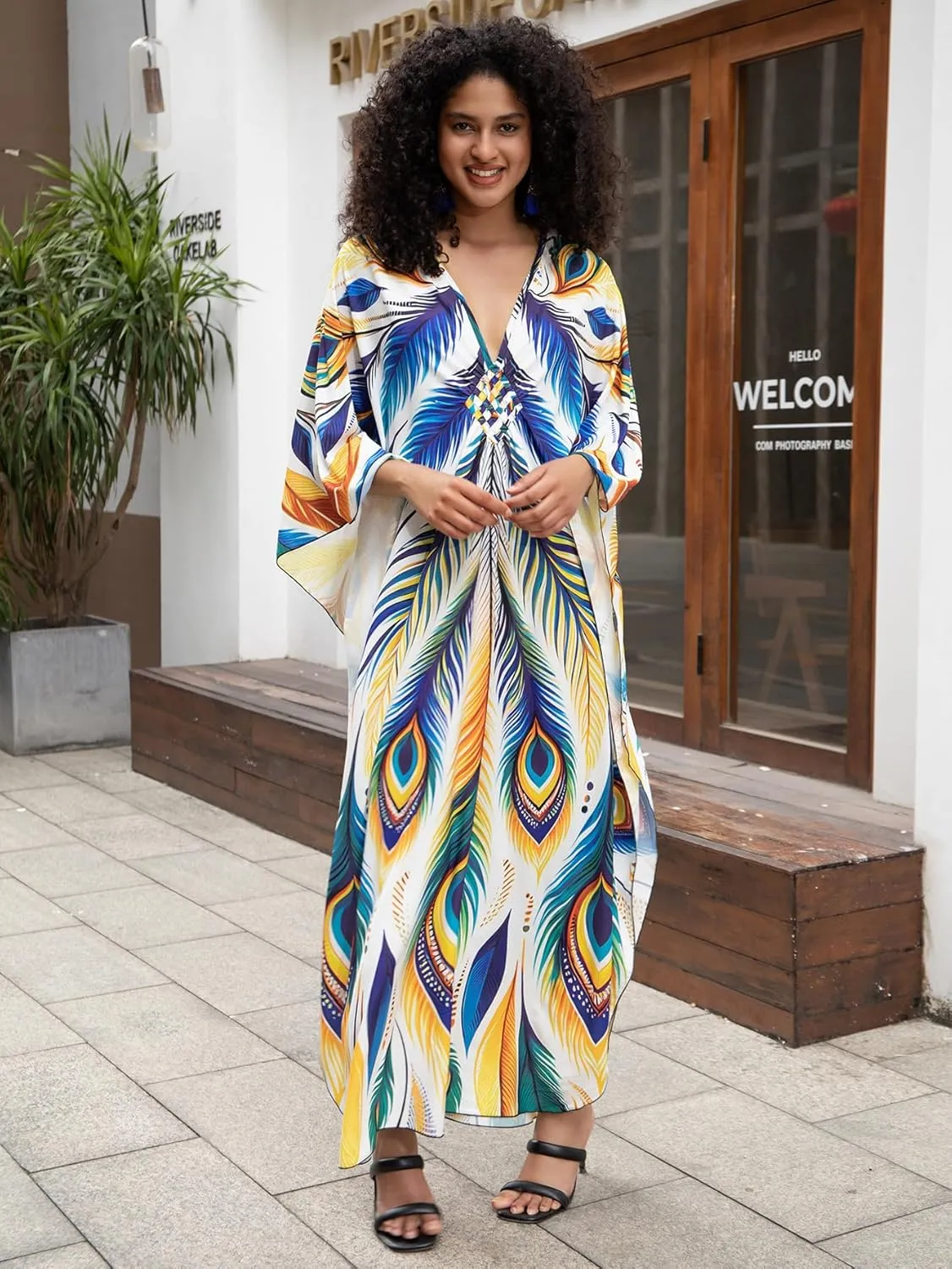 Caftan Dresses Bohemian Beachwear Kimono Bathing Suit Coverup Loose Fit Floral Print Holiday