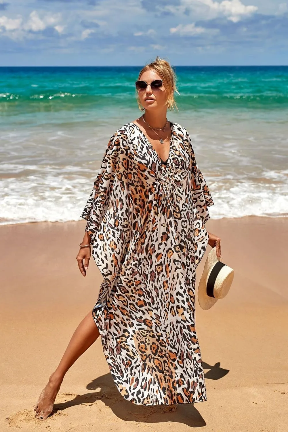 Caftan Dresses Bohemian Beachwear Kimono Bathing Suit Coverup Loose Fit Floral Print Holiday