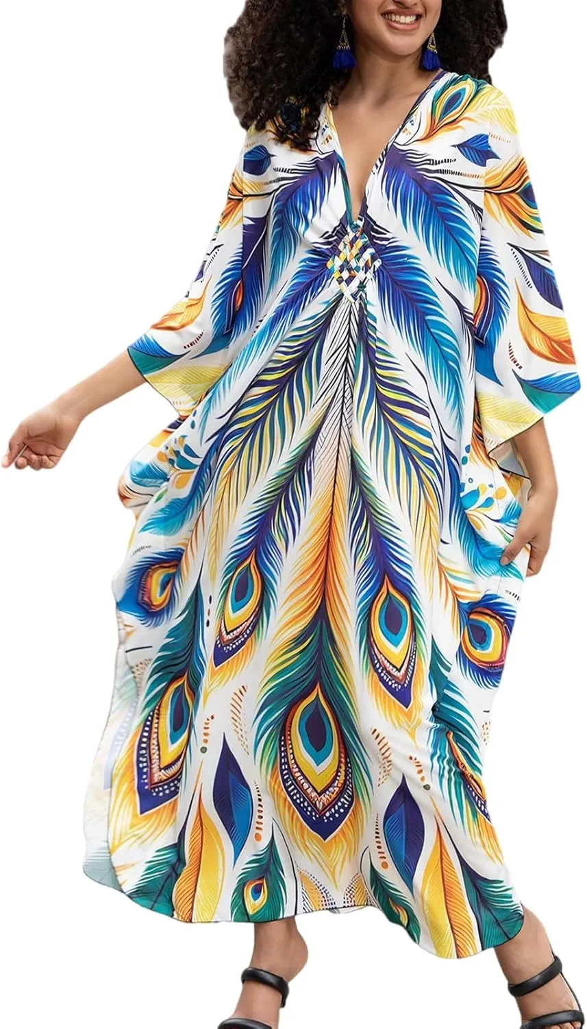 Caftan Dresses Bohemian Beachwear Kimono Bathing Suit Coverup Loose Fit Floral Print Holiday