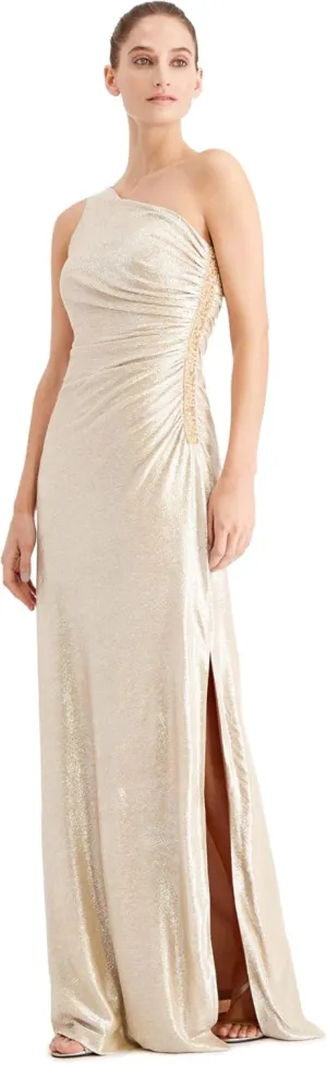 Calvin Klein One-Shoulder Gown with Side Ruching and Beaded Detail – Women’s Formal Dresses for Special Occasions