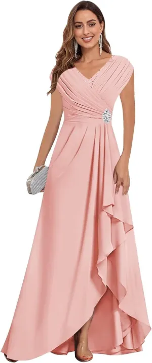 Cap Sleeve Mother of The Bride Dresses Chiffon V Neck Ruffles Beaded A Line Long Formal Wedding Guest Dress