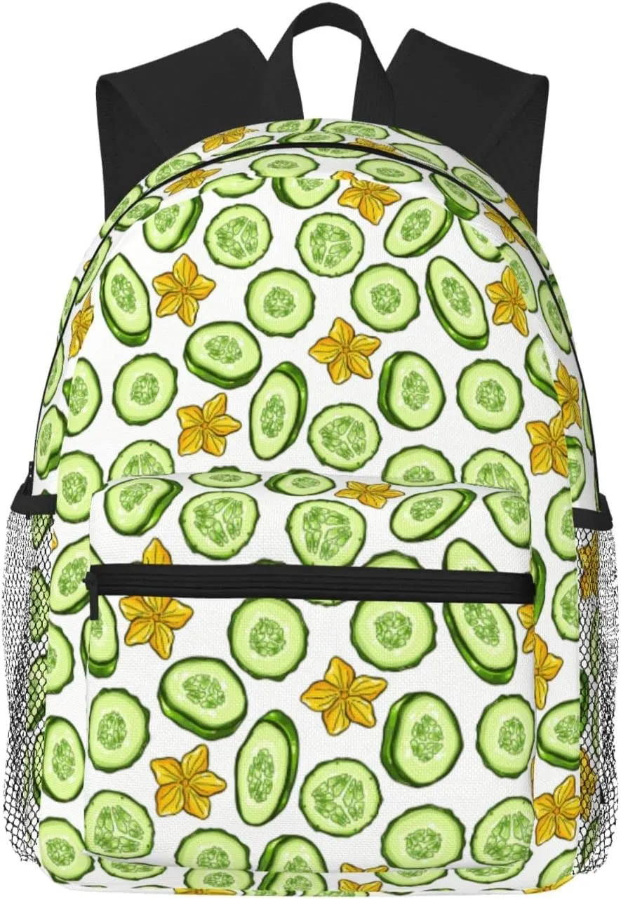 Cartoon Cucumber and Flower Pattern Backpack for Women Men Worker Teacher Business Travel Backpacks Shoulders Bag Daypack Bookbag with Mesh Pockets