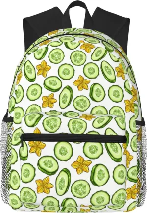 Cartoon Cucumber and Flower Pattern Backpack for Women Men Worker Teacher Business Travel Backpacks Shoulders Bag Daypack Bookbag with Mesh Pockets