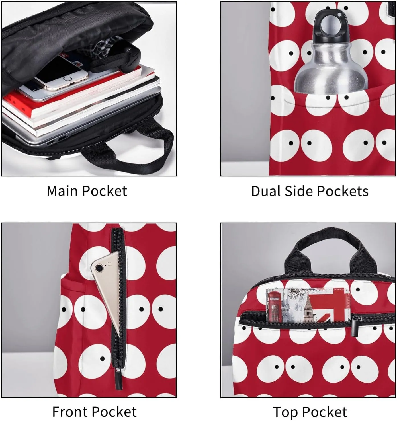 Cartoon Cute Eyes To Eyes Red Casual Backpacks Large Capacity Laptop Backpack Sports Fitness Rucksack Travel Carry-On Daypack Adjustable Shoulder Strap Work Bag for Outdoor Camping