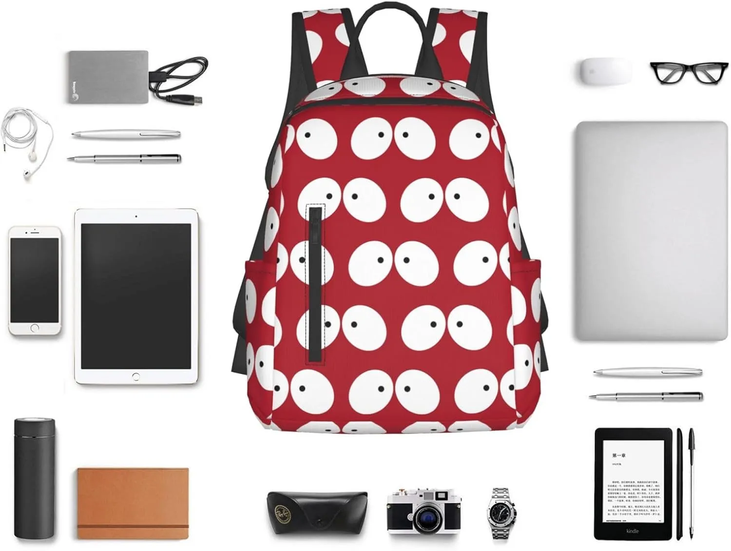 Cartoon Cute Eyes To Eyes Red Casual Backpacks Large Capacity Laptop Backpack Sports Fitness Rucksack Travel Carry-On Daypack Adjustable Shoulder Strap Work Bag for Outdoor Camping