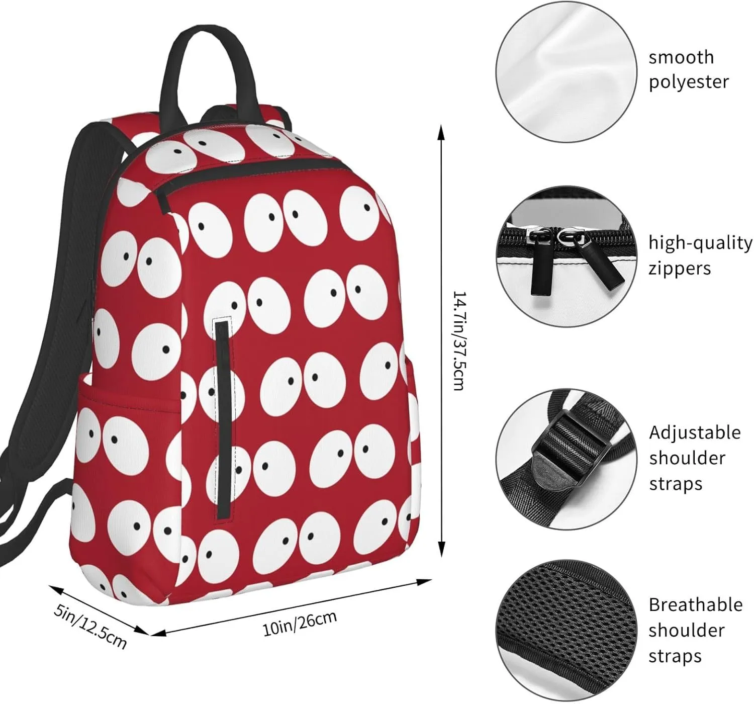 Cartoon Cute Eyes To Eyes Red Casual Backpacks Large Capacity Laptop Backpack Sports Fitness Rucksack Travel Carry-On Daypack Adjustable Shoulder Strap Work Bag for Outdoor Camping