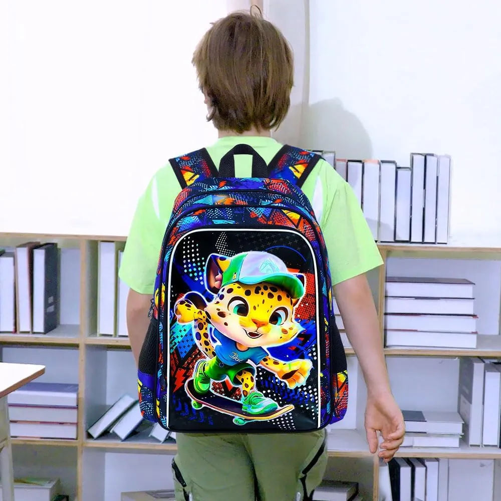 CCJPX 3PCS Kids Backpack for Boys, 16 Inch Panther Water Resistant Preschool Bookbags, Cool Leopard Elementary Kindergarten School Backpacks and Lunch Box