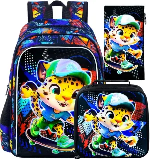 CCJPX 3PCS Kids Backpack for Boys, 16 Inch Panther Water Resistant Preschool Bookbags, Cool Leopard Elementary Kindergarten School Backpacks and Lunch Box