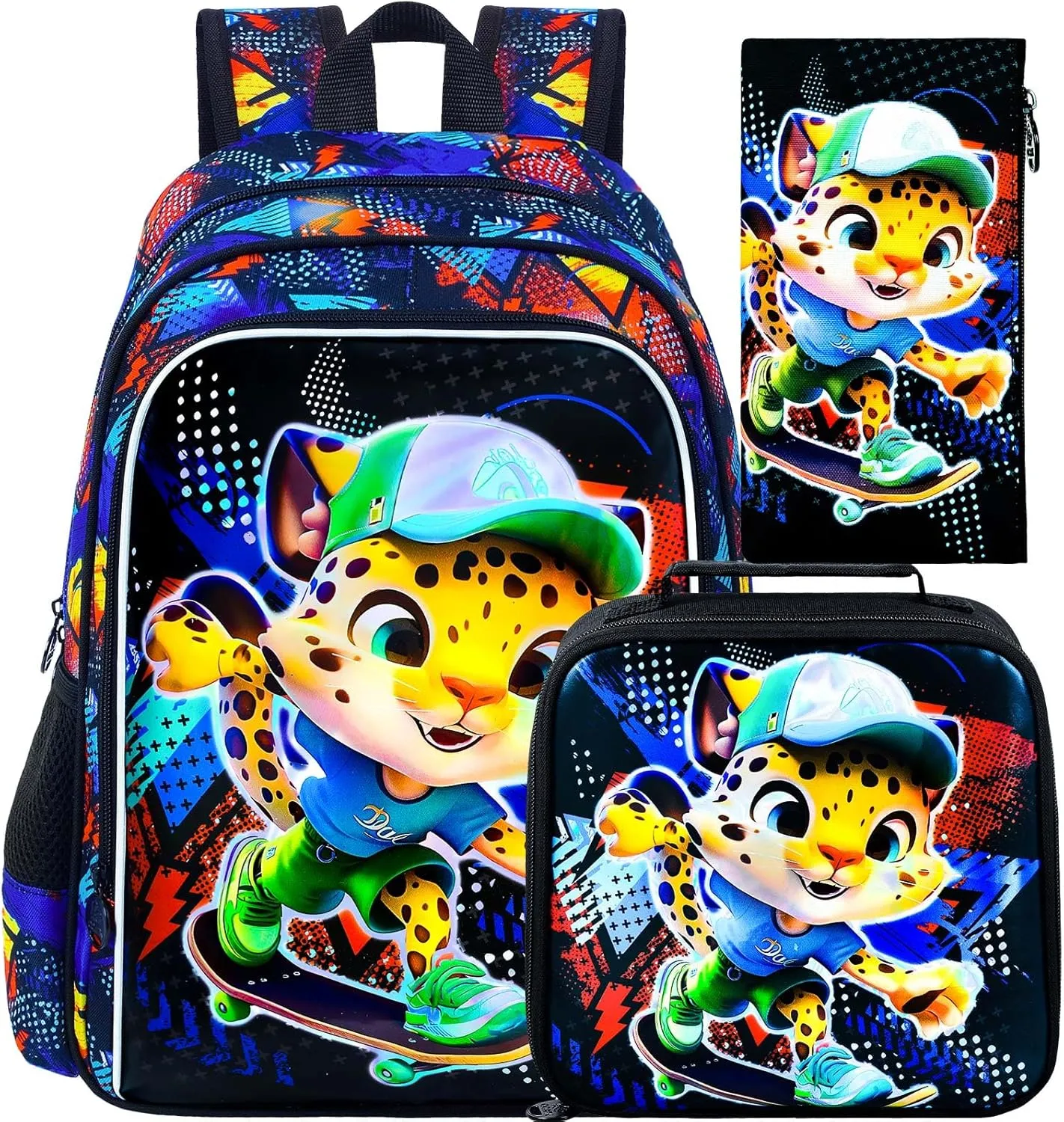 CCJPX 3PCS Kids Backpack for Boys, 16 Inch Panther Water Resistant Preschool Bookbags, Cool Leopard Elementary Kindergarten School Backpacks and Lunch Box