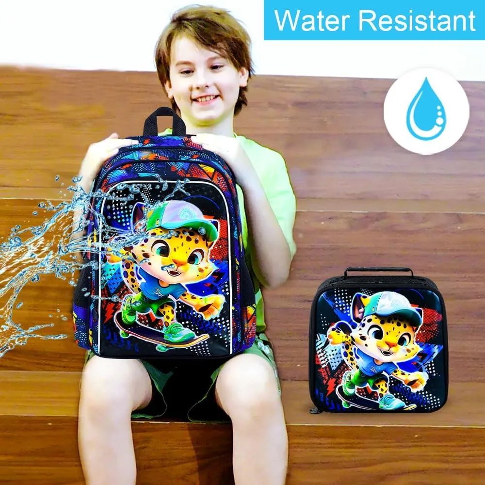 CCJPX 3PCS Kids Backpack for Boys, 16 Inch Panther Water Resistant Preschool Bookbags, Cool Leopard Elementary Kindergarten School Backpacks and Lunch Box