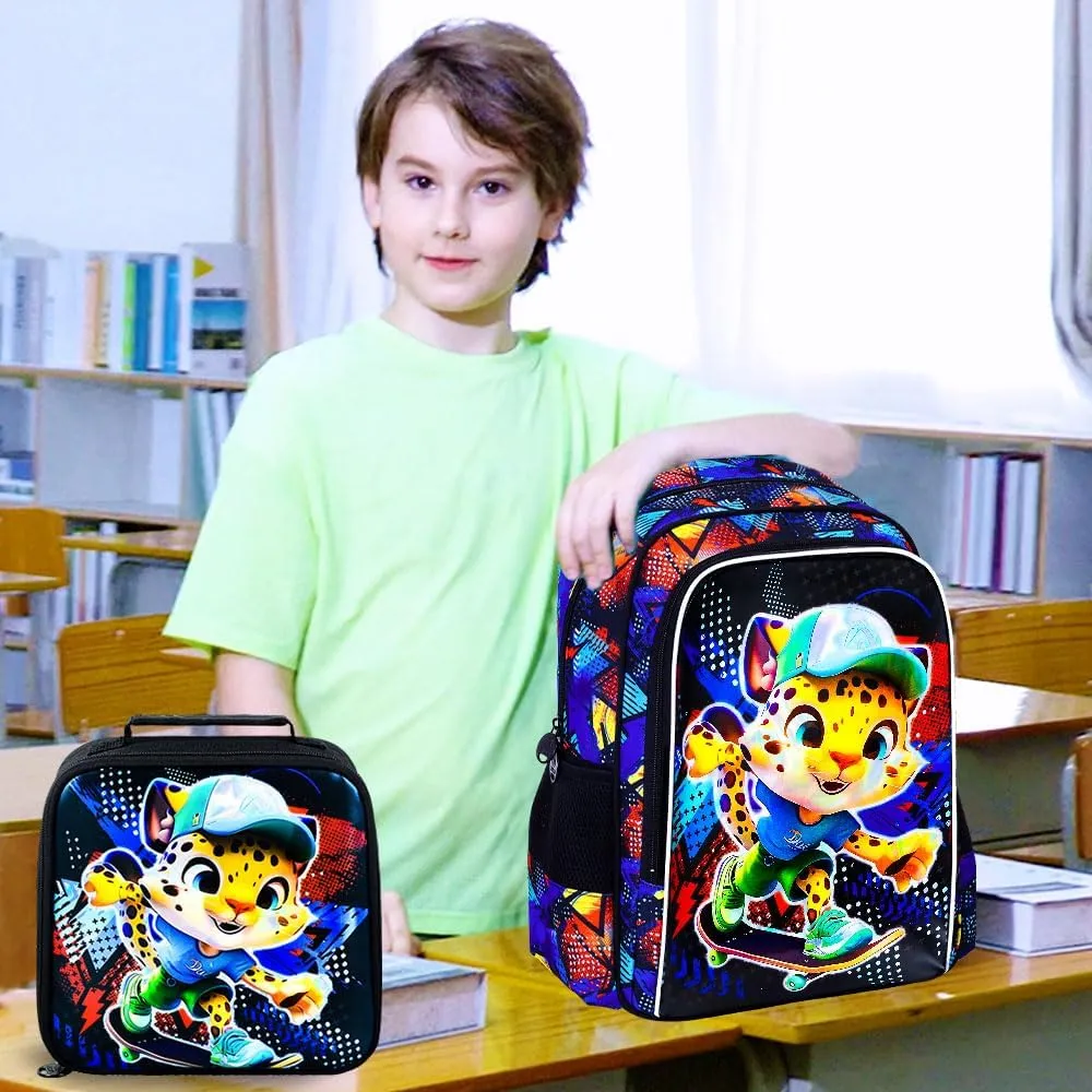 CCJPX 3PCS Kids Backpack for Boys, 16 Inch Panther Water Resistant Preschool Bookbags, Cool Leopard Elementary Kindergarten School Backpacks and Lunch Box