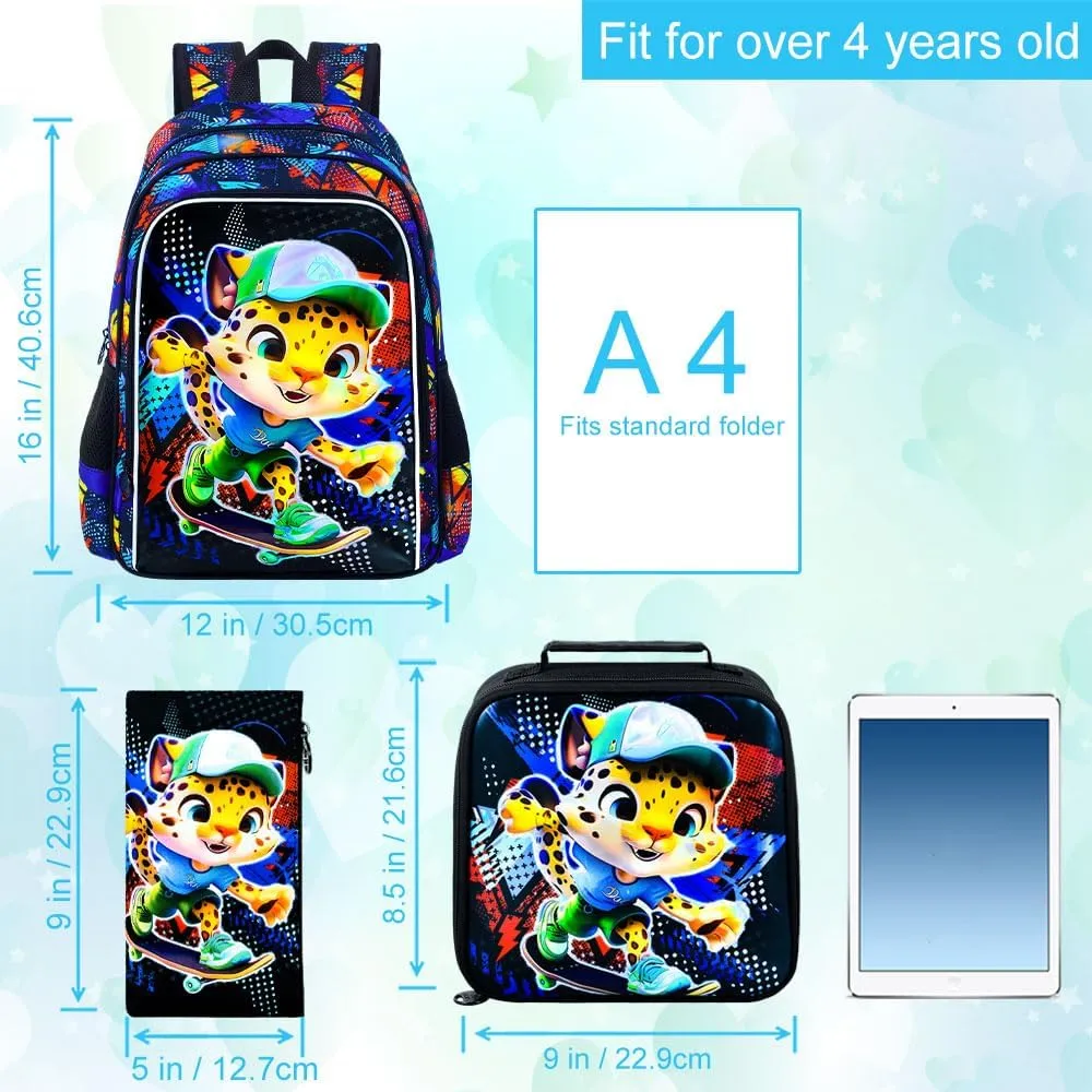 CCJPX 3PCS Kids Backpack for Boys, 16 Inch Panther Water Resistant Preschool Bookbags, Cool Leopard Elementary Kindergarten School Backpacks and Lunch Box