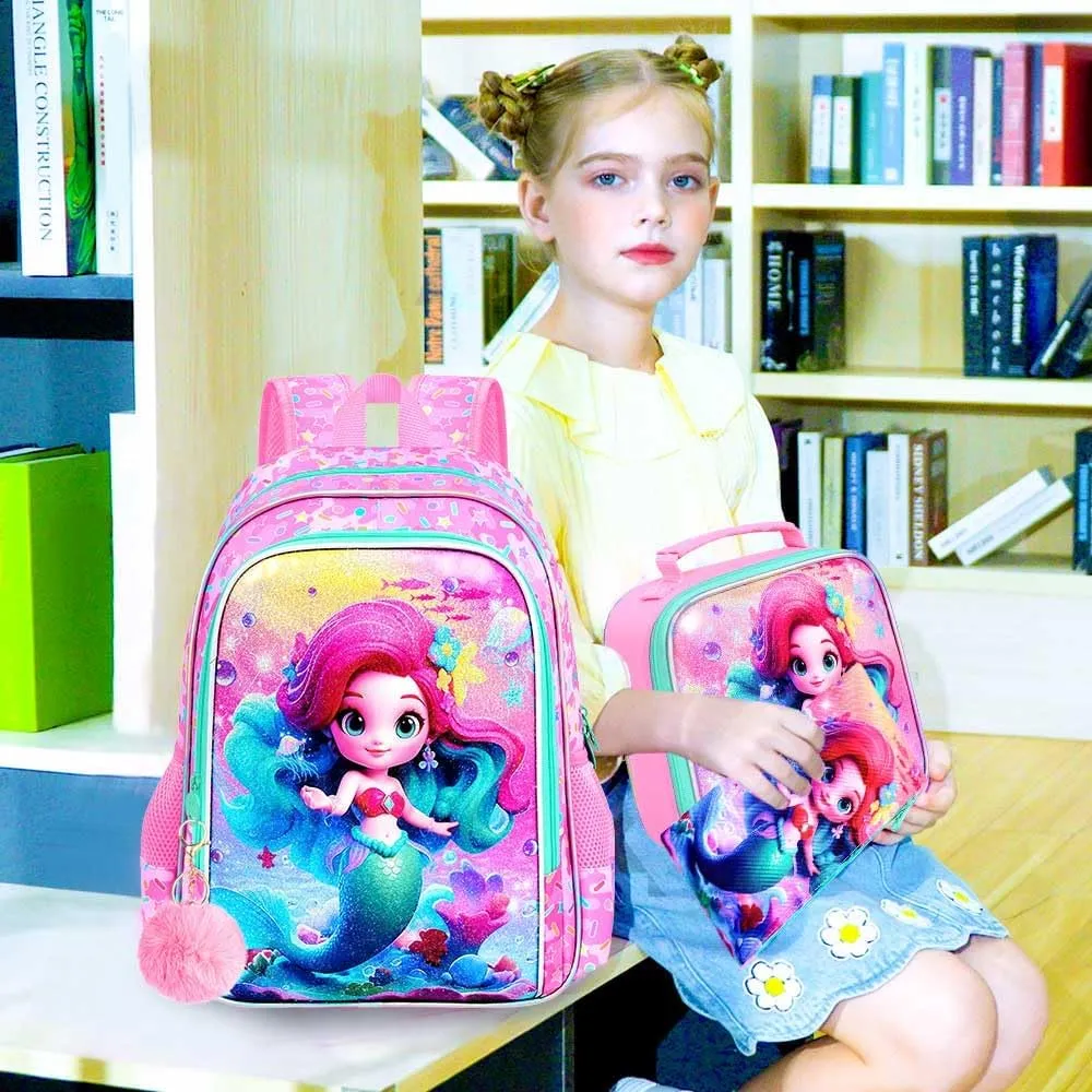 CCJPX 3PCS Mermaid Backpack for Girls, 16”Kids Preschool Bookbag with Lunch Box, Cute Water Resistant Elementary School Bag for Teen Kindergarten Toddler