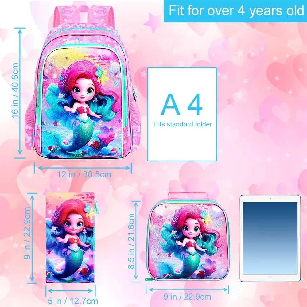CCJPX 3PCS Mermaid Backpack for Girls, 16”Kids Preschool Bookbag with Lunch Box, Cute Water Resistant Elementary School Bag for Teen Kindergarten Toddler