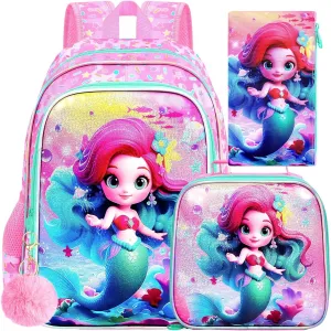 CCJPX 3PCS Mermaid Backpack for Girls, 16”Kids Preschool Bookbag with Lunch Box, Cute Water Resistant Elementary School Bag for Teen Kindergarten Toddler