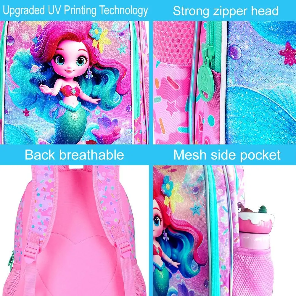 CCJPX 3PCS Mermaid Backpack for Girls, 16”Kids Preschool Bookbag with Lunch Box, Cute Water Resistant Elementary School Bag for Teen Kindergarten Toddler