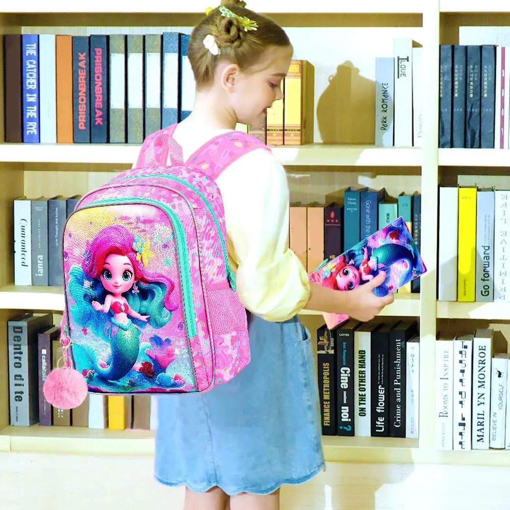 CCJPX 3PCS Mermaid Backpack for Girls, 16”Kids Preschool Bookbag with Lunch Box, Cute Water Resistant Elementary School Bag for Teen Kindergarten Toddler