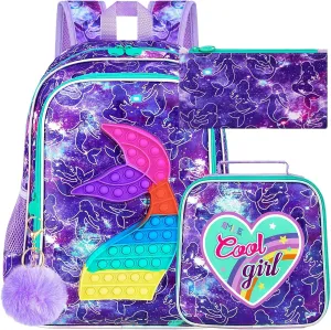 CCJPX 3PCS Mermaid Backpack for Girls, 16”Kids Water Resistant Elementary Preschool Kindergarten School Bookbag with Lunch Box - Purple