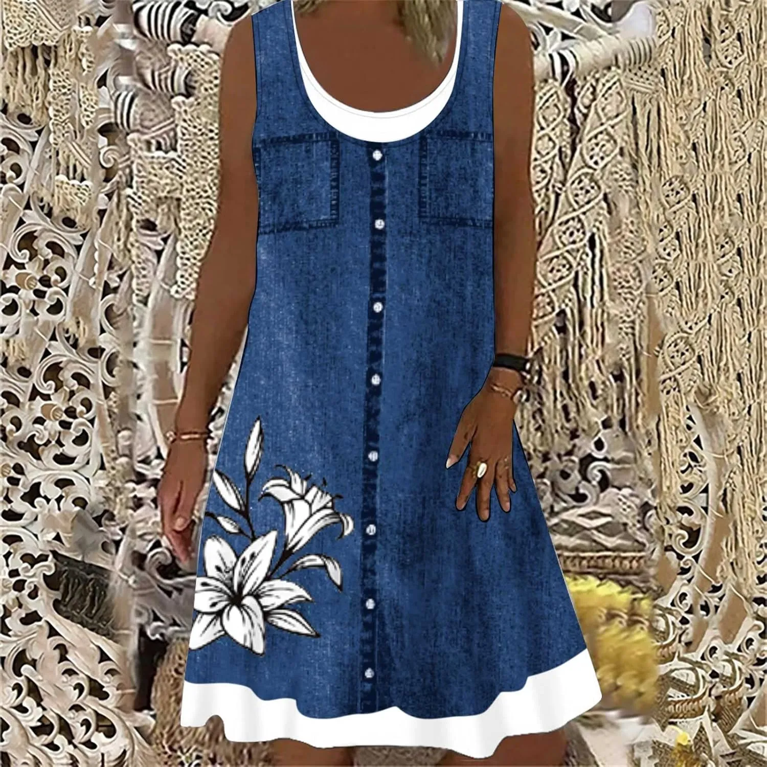 Ceboyel Women Denim Print Short Dress Sleeveless Tank Dresses Summer Causal Swing Tshirt Dress Trendy Beach Vacation Outfits