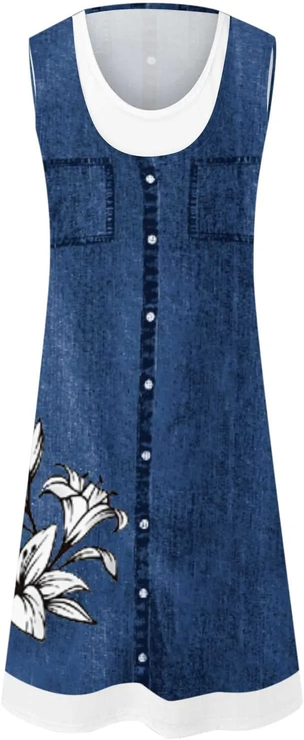 Ceboyel Women Denim Print Short Dress Sleeveless Tank Dresses Summer Causal Swing Tshirt Dress Trendy Beach Vacation Outfits