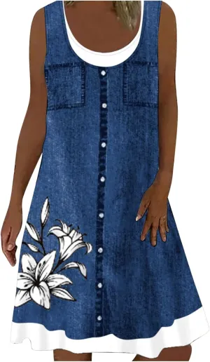 Ceboyel Women Denim Print Short Dress Sleeveless Tank Dresses Summer Causal Swing Tshirt Dress Trendy Beach Vacation Outfits