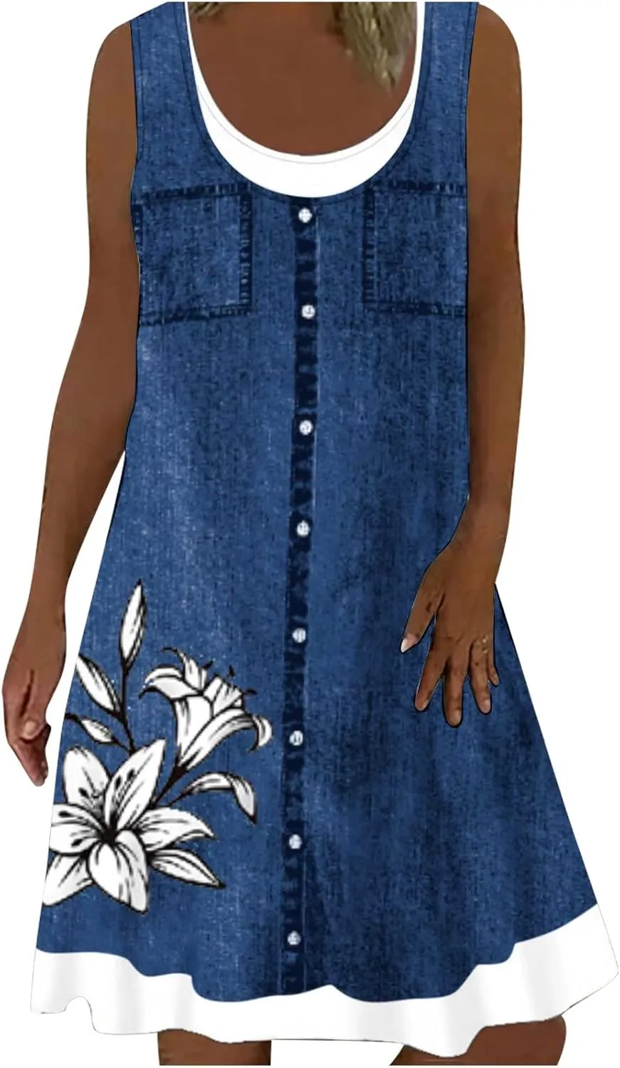 Ceboyel Women Denim Print Short Dress Sleeveless Tank Dresses Summer Causal Swing Tshirt Dress Trendy Beach Vacation Outfits