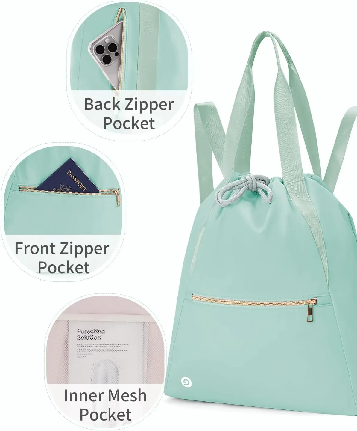 Ceneda Drawstring Backpack String Bag for Women Men Water Resistant Drawstring Bags Gym Sack with Two Zipper Pockets Sports Gym Bag (Mint Green)