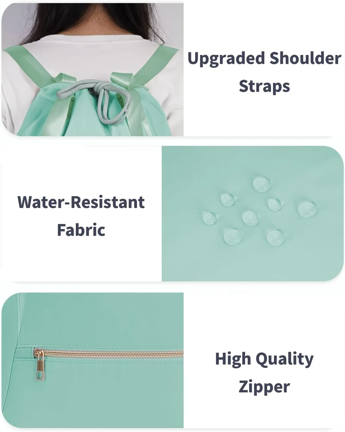 Ceneda Drawstring Backpack String Bag for Women Men Water Resistant Drawstring Bags Gym Sack with Two Zipper Pockets Sports Gym Bag (Mint Green)