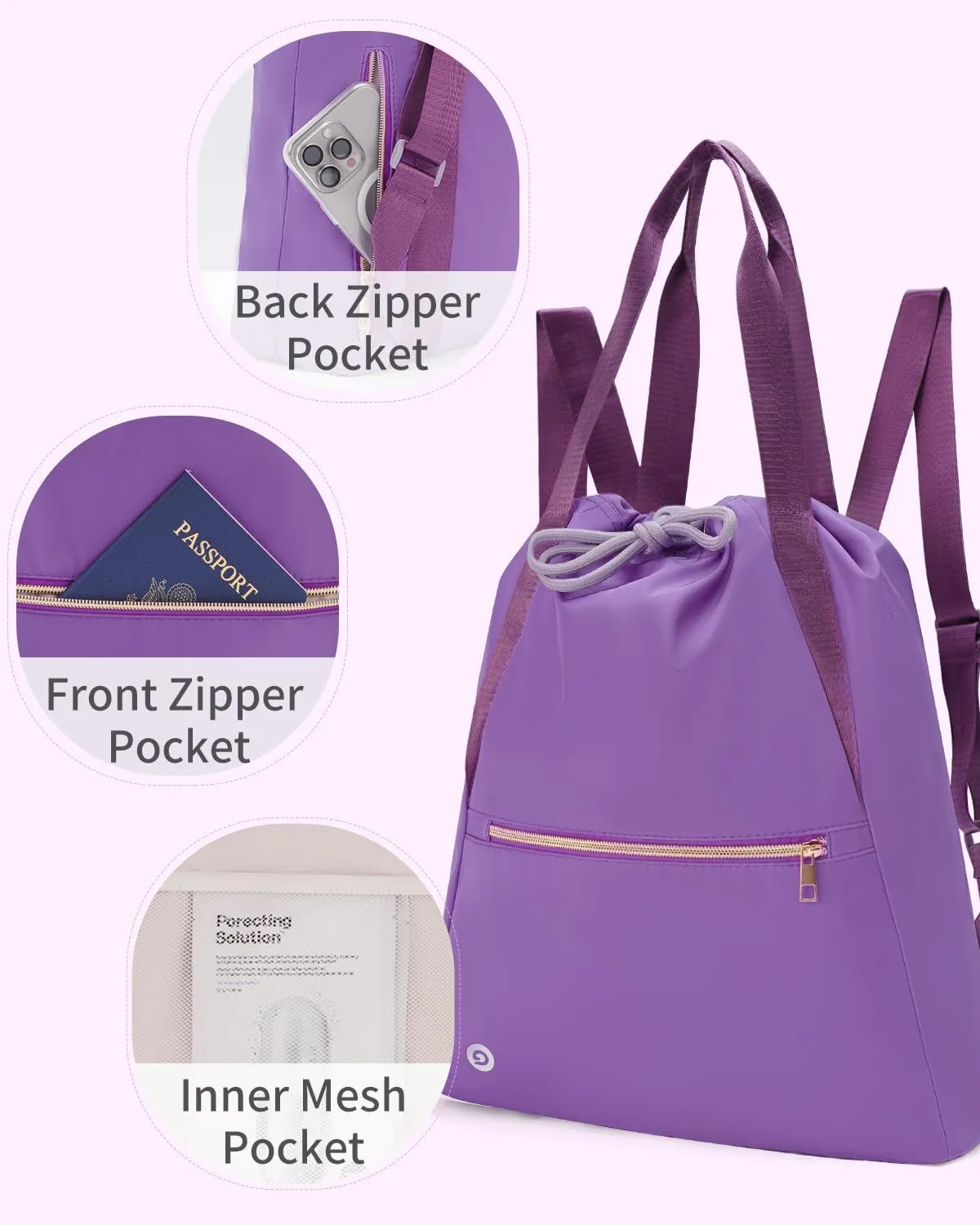 Ceneda Drawstring Backpack String Bag for Women Men Water Resistant Drawstring Bags Gym Sack with Two Zipper Pockets Sports Gym Bag (Purple)