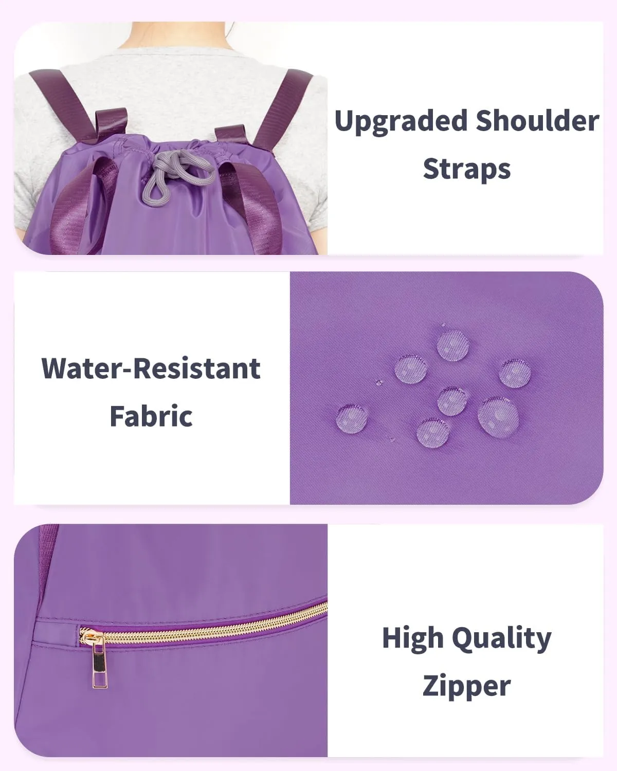 Ceneda Drawstring Backpack String Bag for Women Men Water Resistant Drawstring Bags Gym Sack with Two Zipper Pockets Sports Gym Bag (Purple)