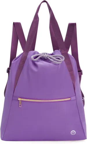 Ceneda Drawstring Backpack String Bag for Women Men Water Resistant Drawstring Bags Gym Sack with Two Zipper Pockets Sports Gym Bag (Purple)