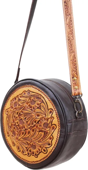 CHALLENGER Western Floral Tooled Round Canteen Woven Inlay Leather Shoulder Crossbody Bag Purse 18FKHRoundCrossbody