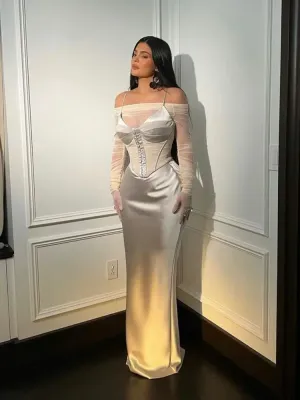 Champagne Grey Satin Evening Dress Mermaid Off The Shoulder Floor Length Prom Gowns Party Dress