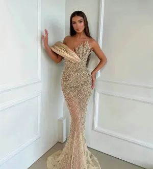 Champagne Long Sequins Evening Dresses One Shoulder Handmade Beade Sexy Sleeveless Party Gowns for Women