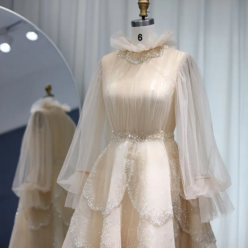 Champagne Long Sleeve Muslim Evening Dresses SS480