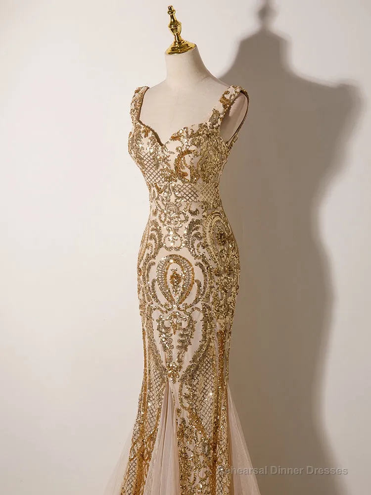 Champagne Mermaid Sequins Straps Evening Dress, Champagne Sequins Prom Dress