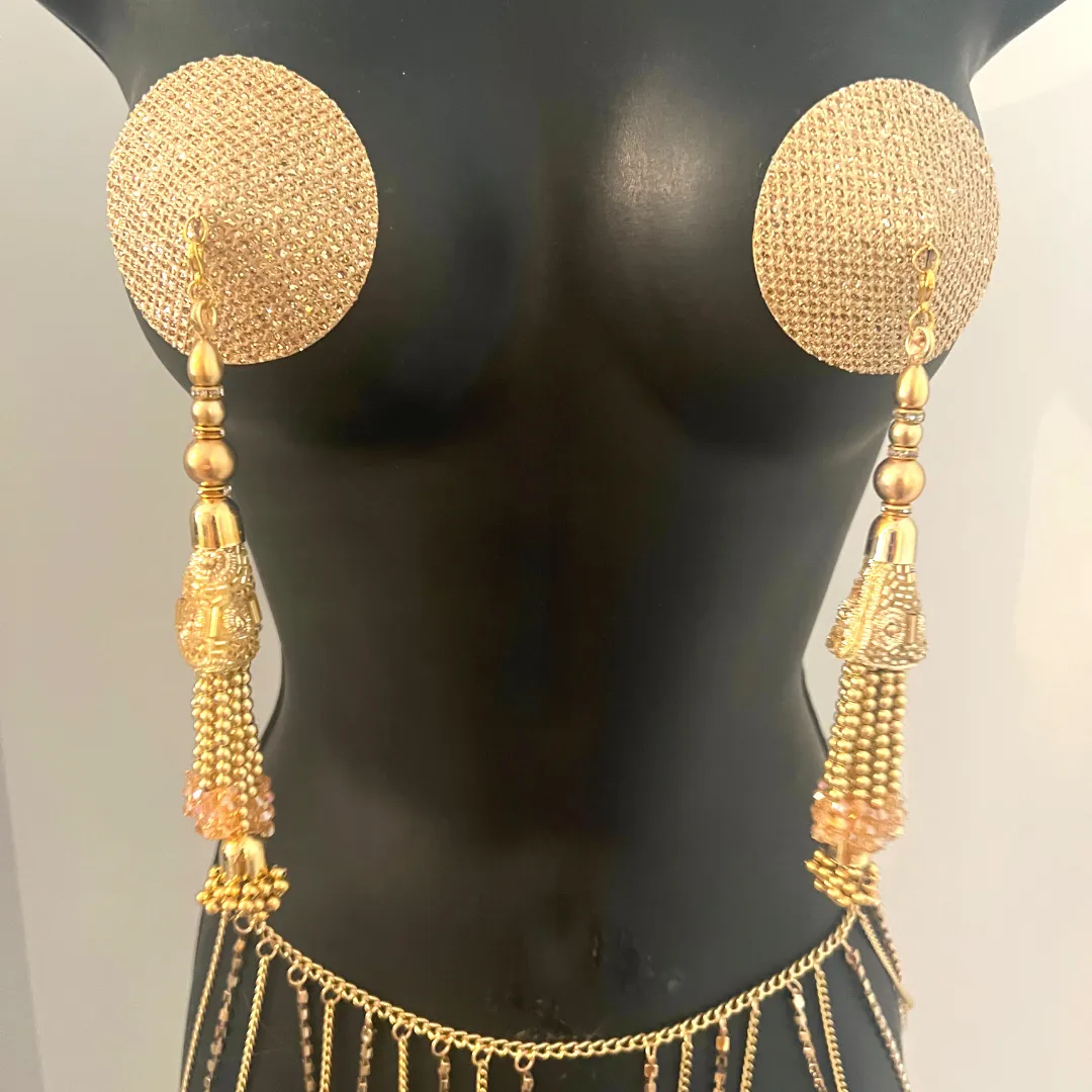 CHAMPAGNE MULE Gold Foil Nipple Pasties, Covers (2pcs) with Hand Beaded Gem Tassels (2pcs) Burlesque Lingerie Raves and Festivals