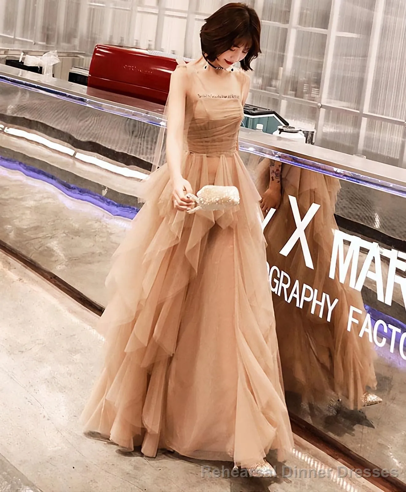 Champagne Tulle Long Prom Dress Champagne Evening Dress 1