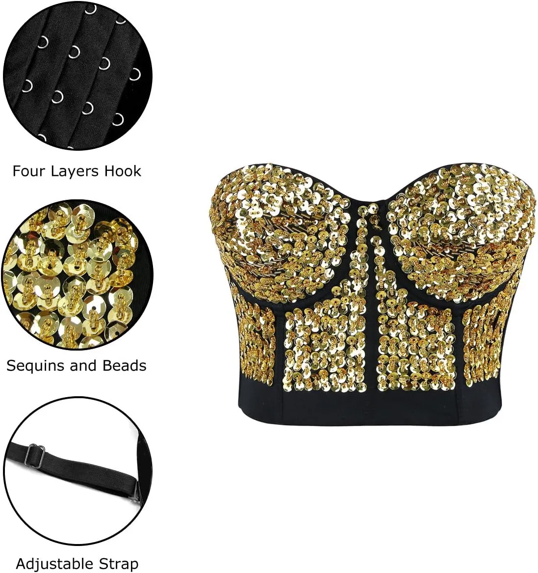 Charmian Women's Burlesque Fashion Beaded Sequins Push Up Crop Top Bustier Bra