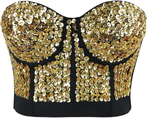 Charmian Women's Burlesque Fashion Beaded Sequins Push Up Crop Top Bustier Bra