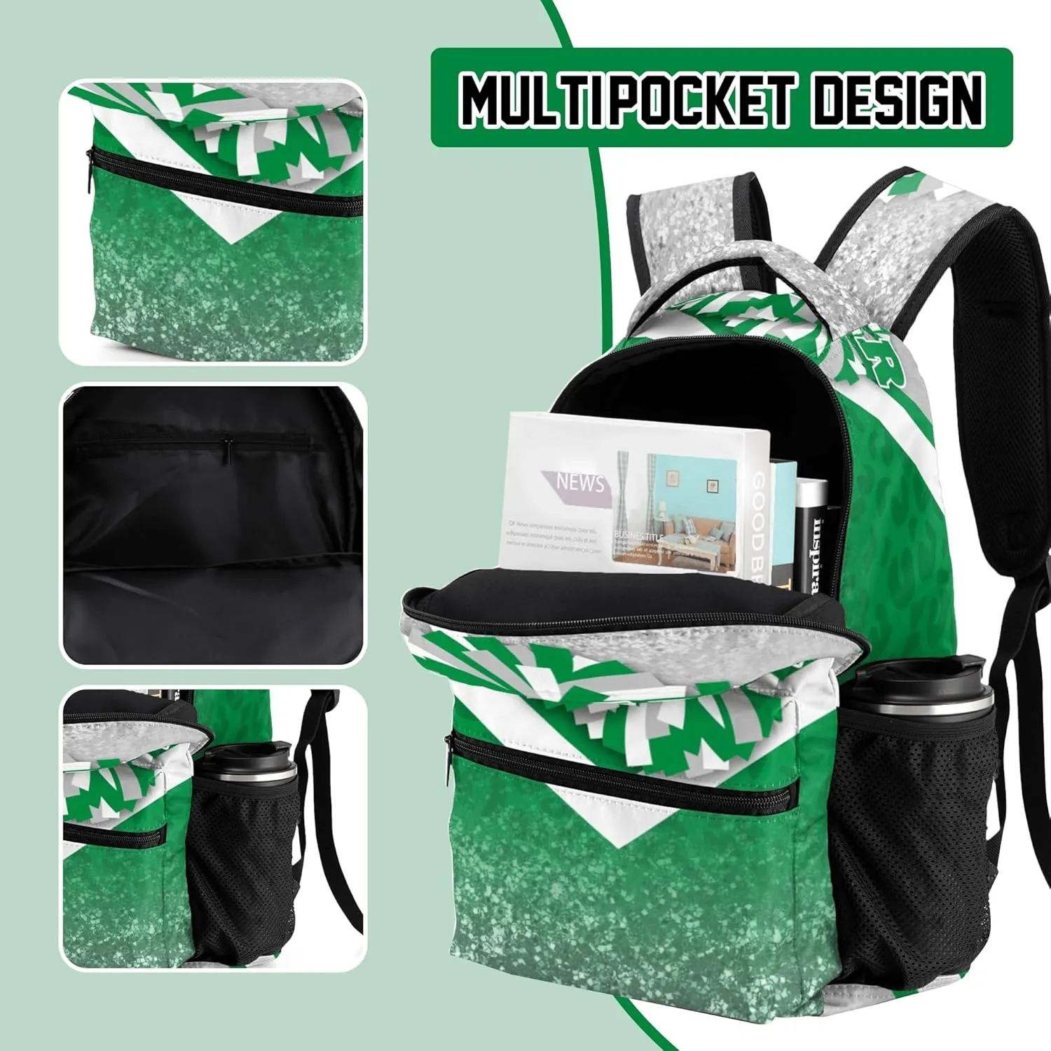 Cheer Backpacks for Cheerleaders, Cheerleading Backpack 16.5in, Cheerleader Gifts for Team (Silver&Green)