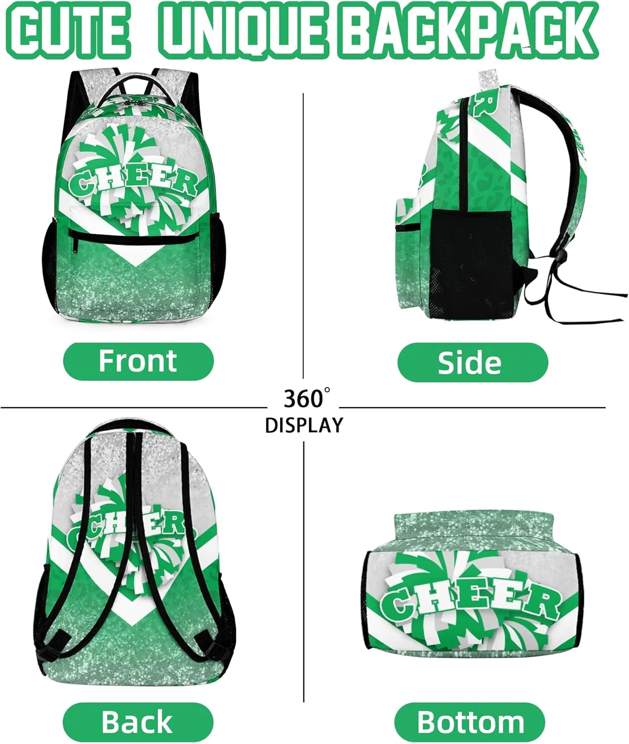Cheer Backpacks for Cheerleaders, Cheerleading Backpack 16.5in, Cheerleader Gifts for Team (Silver&Green)