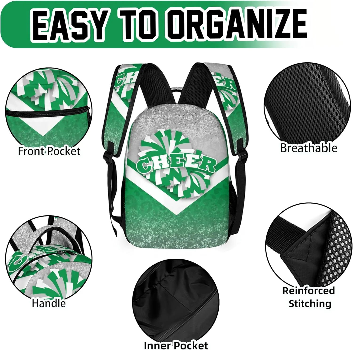 Cheer Backpacks for Cheerleaders, Cheerleading Backpack 16.5in, Cheerleader Gifts for Team (Silver&Green)