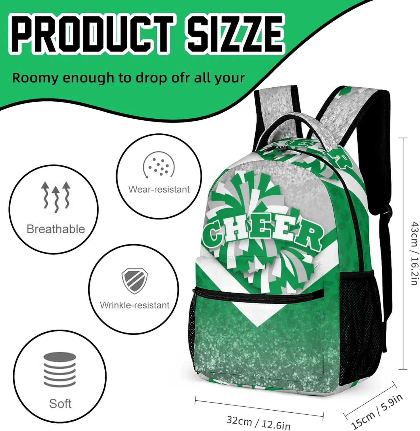 Cheer Backpacks for Cheerleaders, Cheerleading Backpack 16.5in, Cheerleader Gifts for Team (Silver&Green)